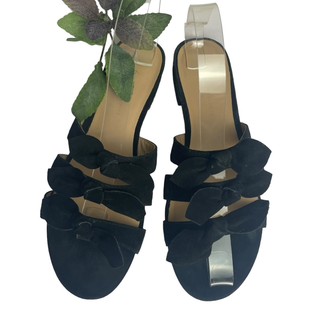Anthropologie Black Three 3 Bow Velvet Slip On Low Heel Sandals Mules Sz 7